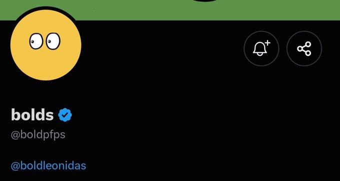 A Twitter profile page for "bolds" (@boldpfps), featuring a yellow emoji-style avatar with wide googly eyes and a verified checkmark, linked to @boldleonidas, accompanying an announcement teasing an upcoming art-focused NFT project with no mint details yet shared.