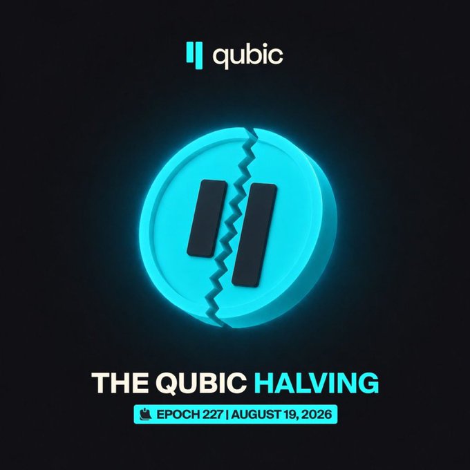 The image features a blue and green symbol depicting a broken line, with the word "The" placed in the middle of the symbols. The background is black, providing a contrast that highlights the symbol. In the text below, there are bullet points detailing the event and its connection to Bitcoin halving.