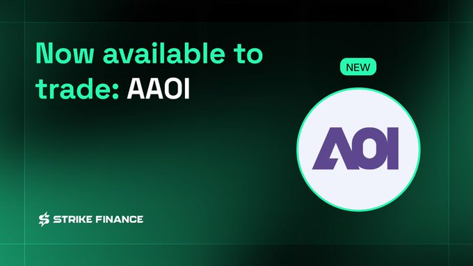 Strike Finance promotional graphic announcing AAOI is now available to trade, marked as NEW.