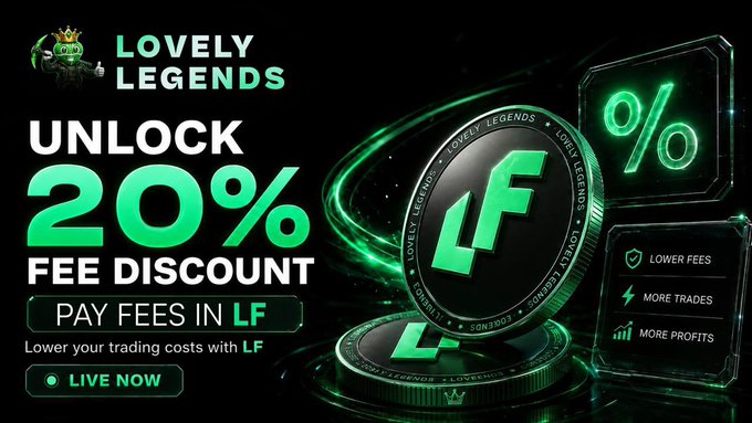 A promotional banner for Lovely Legends advertises a 20% fee discount when paying fees in LF tokens, highlighting benefits like lower fees, more trades, and more profits. The image visually reinforces the post about LF's growing utility by showcasing LF as the platform's native token for reducing trading costs.