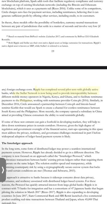 The image shows a page from a book or article discussing Ripple's pilot tests with banks around the world. The text highlights that Ripple has successfully completed several pilot tests with globally active banks, including the use of the Stellar Network for interoperability between different mobile money operators in NIGERIA, KENYA, and GHANA. Additionally, it mentions that Ripple is now being used to facilitate remittance payments to the Philippines.