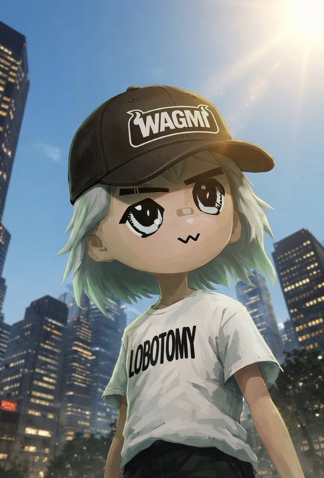 The image features a cartoon character, possibly a boy or a girl, wearing a baseball cap with the word "WA GMI" written on it. The character appears to be standing against a city skyline backdrop, which includes tall buildings that are lit up at night. The caption of the image reads "waGMi morning to those that still bullieve." This message seems to be related to the cartoon character's appearance or style, possibly referencing their unique look or the character's name.