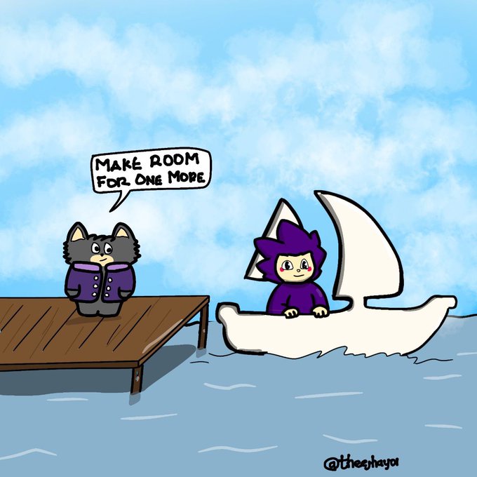 A cartoon illustration signed '@theeghayu' showing a cat in a purple coat standing on a dock saying 'MAKE ROOM FOR ONE MORE' to a purple character arriving on a boat with a large crescent moon sail.