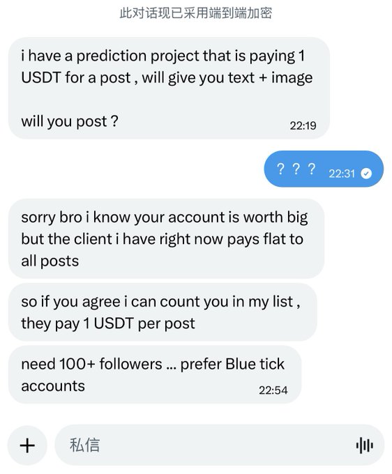 A messaging app chat where someone offers '1 USDT for a post' with text and image content, seeking accounts with '100+ followers' that are 'Blue tick' verified.