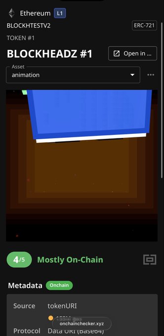 A screenshot of an Ethereum NFT listing for "BLOCKHEADZ #1" (Token #1 from BLOCKTESTV2, ERC-721) shows an animation asset rated 4/5 "Mostly On-Chain" with onchain metadata via tokenURI and Data URI (base64) protocol. The image represents a piece from the BLOCKHEADZ collection, an onchain generative art project of 4,444 unique digital artworks created using p5.js code, with the visible blue 3D block preview illustrating the animated artwork style characteristic of the collection.