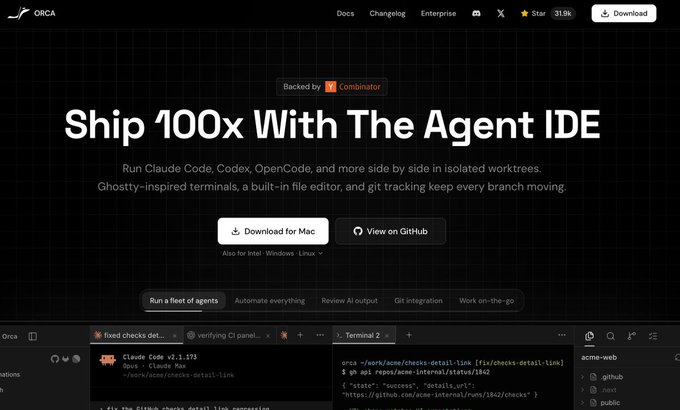 Screenshot of the ORCA website with the headline 'Ship 100x With The Agent IDE', featuring buttons to download for Mac and view on GitHub, and a preview of the app interface showing Claude Code running a fix checks task.