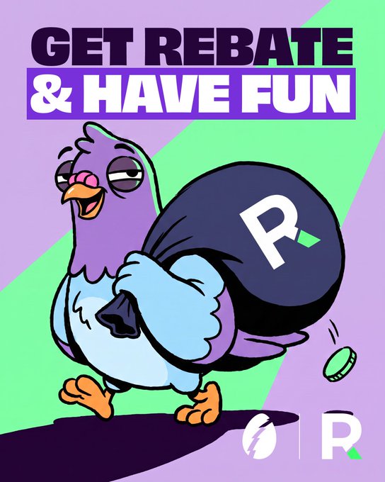 A cartoon pigeon carries a large bag marked with the letter "R" alongside the bold headline "GET REBATE & HAVE FUN," promoting Rally's new campaign with @RebateFun that rewards the top 25 participants. The logo in the bottom corner and the falling coin reinforce the cashback and reward theme of the partnership.