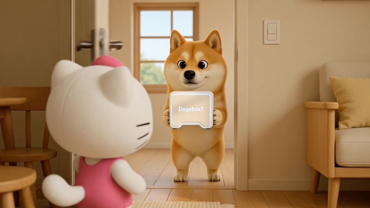A Shiba Inu dog character stands at a doorway holding a sign that reads "Dogebox1," facing a Hello Kitty figure in a pink dress, illustrating the contrast in size between the mascot and the DogeServer's powerful 20x mining capability for $CYS, $LTC, and $DOGE.