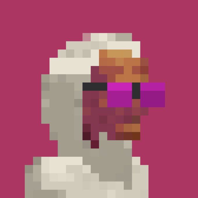 A pixel art style illustration depicts a beige figure wearing purple sunglasses against a solid magenta background.