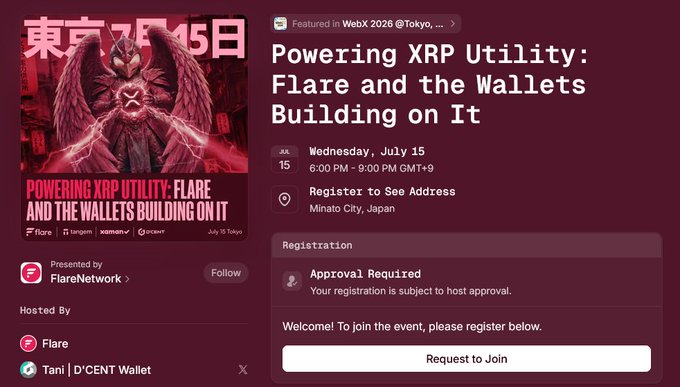 A WebX 2026 Tokyo event page for 'Powering XRP Utility: Flare and the Wallets Building on It,' held Wednesday July 15 in Minato City, Japan, hosted by Flare.