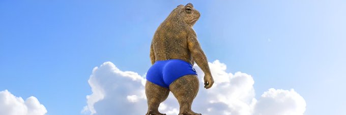 A muscular anthropomorphic lizard character wearing blue briefs, viewed from behind against a backdrop of blue sky and white clouds.