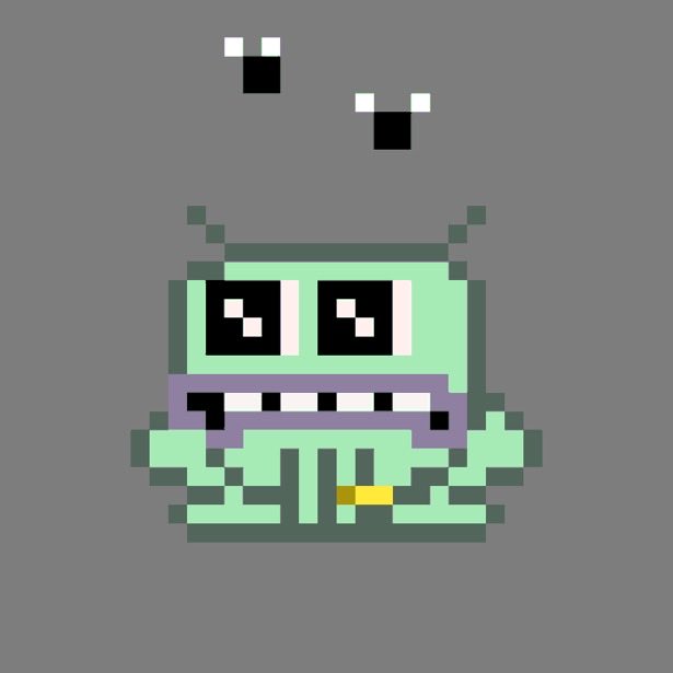 A pixel art image of a green alien-like monster with large eyes, antennae, and a wide mouth, with two small eyes floating above it against a gray background.