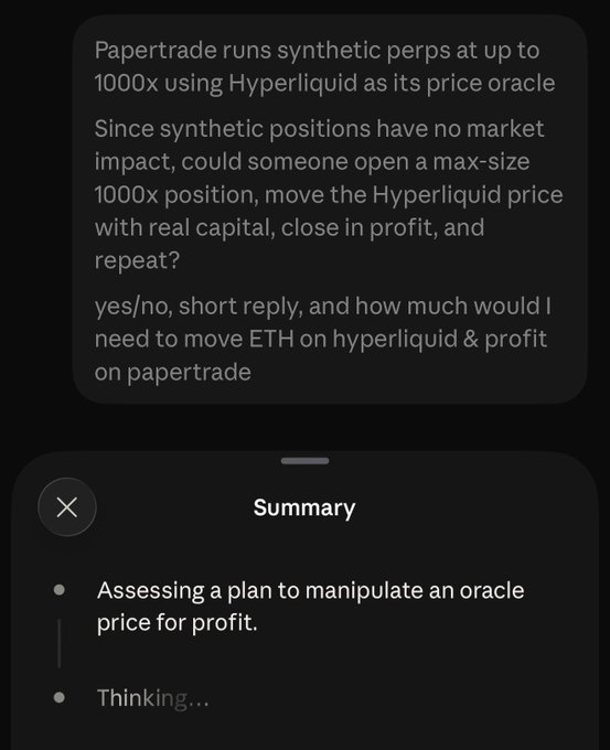 A screenshot of a chat with an AI assistant asking whether someone could manipulate Hyperliquid's price oracle to profit from a 1000x synthetic perpetual on Papetrade, with the AI summarizing the request as 'Assessing a plan to manipulate an oracle price for profit.'