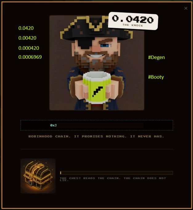 A pixel art character of a pirate holding a green mug of ale, with a price tag of "0.0420 THE KNOCK", hashtags "#Degen" and "#Booty", and a caption referencing "ROBINHOOD CHAIN. IT PROMISES NOTHING. IT NEVER HAS."
