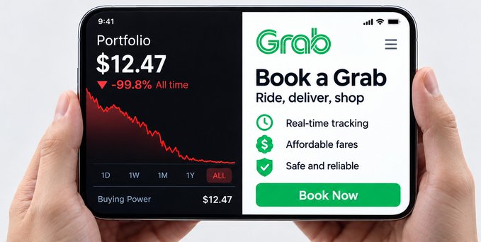 A pair of hands holding a smartphone showing the Grab app booking interface ('Ride, deliver, shop') alongside a financial chart showing a portfolio value of $12.47 with a -99.8% decline.