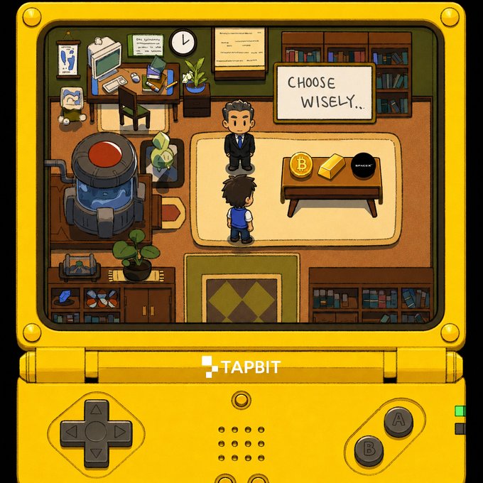 A pixel-art game scene displayed on a yellow handheld device labeled 'TAPBIT', showing a character choosing between Bitcoin, gold, and SpaceX tokens on a table with 'CHOOSE WISELY..' text.