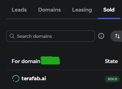 A domain marketplace screenshot showing 'terafab.ai' listed as SOLD under the domains section.