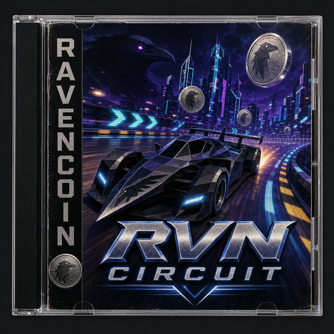 A CD-style album cover titled 'RAVENCOIN - RVN CIRCUIT' featuring a futuristic black race car speeding through a neon-lit cyberpunk cityscape with coins floating in the background.