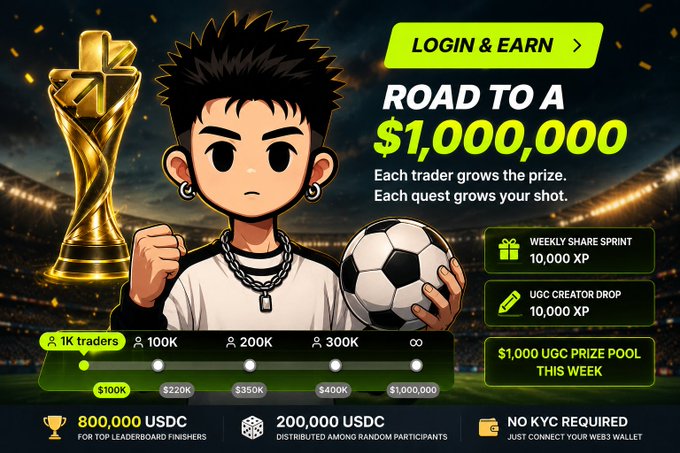 A promotional crypto/web3 graphic featuring a chibi anime character holding a soccer ball and a golden trophy, advertising a 'Road to a $1,000,000' contest with 'LOGIN & EARN' rewards and a $1,000 UGC Prize Pool.