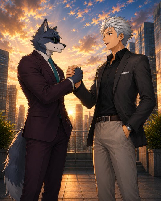An anthropomorphic wolf in a suit and a white-haired man in business attire clasp hands against a city skyline at sunrise, symbolizing partnership and new beginnings. The image visually echoes the post's message of fresh weekly motivation, collaboration, and continued growth with @wolfswapdotapp.