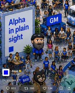 The image is a pixel-art style illustration featuring a character with a beard and a "GM" sign at what appears to be a Base-themed event, with "Base" labeled and showing 16.8KSEK, 803 comments, 286 reposts, and 1.9K likes, along with text reading "Alpha in plain sight" and a prompt asking "Do you see it."

The image reinforces the post's message about "$BASECAT" alpha being openly visible, using Base branding and pixel-art characters to symbolize the crypto community gathering around this opportunity before the anticipated "fireworks" (price movement).