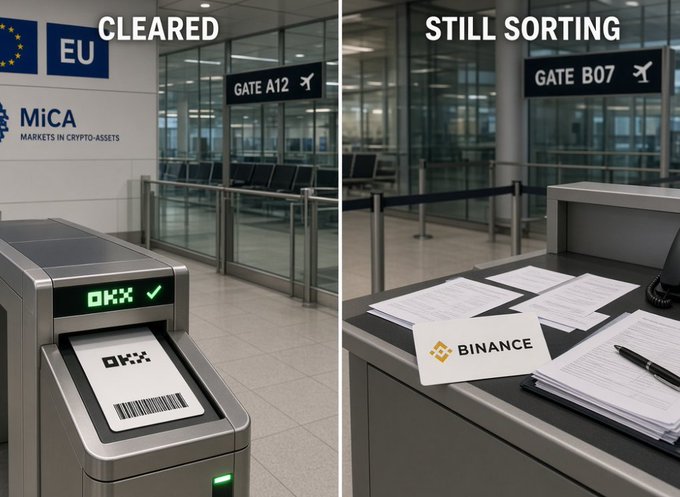 A two-panel comparison image labeled "CLEARED" (showing MiCA/Gate A12 with an OKX scanner) and "STILL SORTING" (showing Binance documents at Gate B07), satirizing regulatory progress.