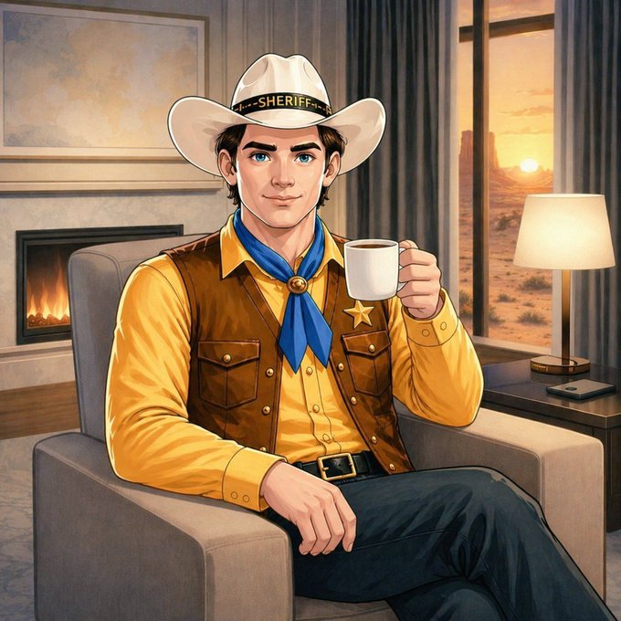 A friendly sheriff wearing a "SHERIFF" hat, yellow shirt, blue neckerchief, and badge relaxes in a chair with a coffee mug, set against a sunset desert view. The cozy, warm scene pairs with the "Good Morning Frens!" greeting by depicting a calm Western character enjoying his morning coffee.