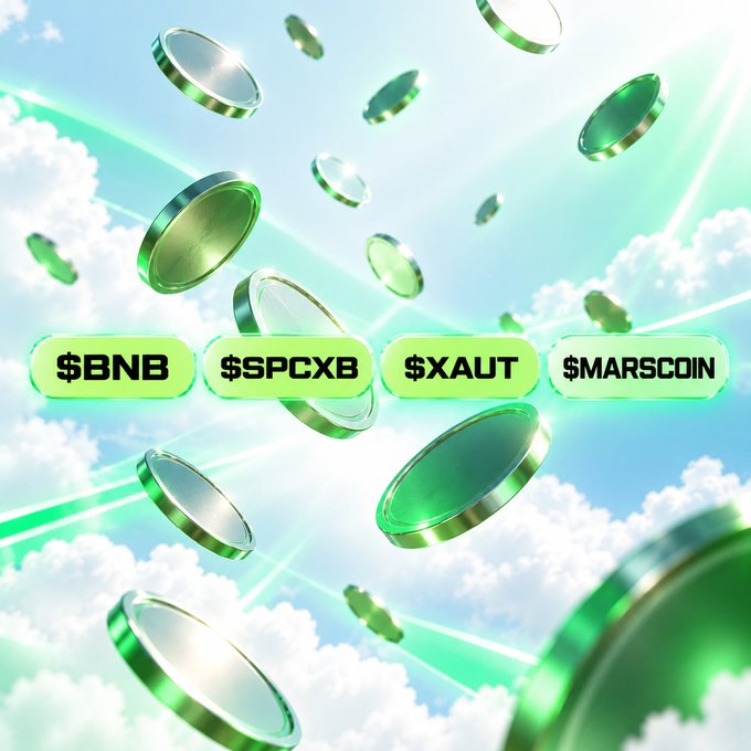 A promotional graphic features floating green-rimmed coins in a cloudy sky with text labels for "$BNB", "$SPCXB", "$XAUT", and "$MARSCOIN".