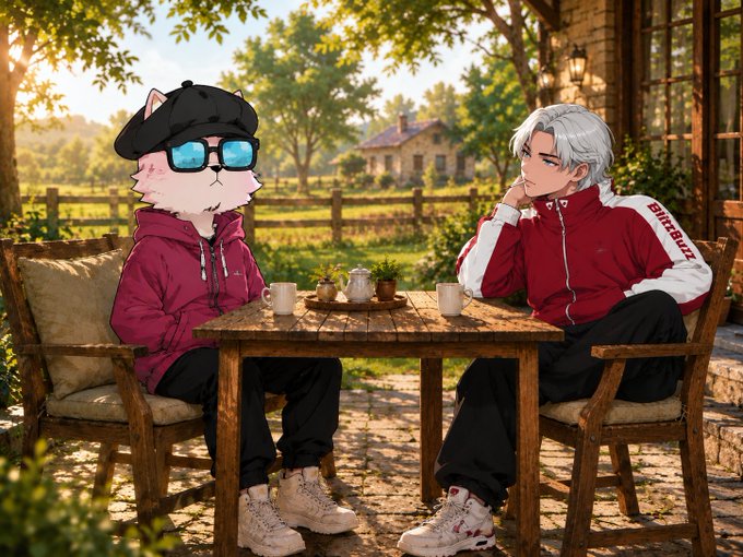 An anime-style illustration depicts two characters—one with an animal head wearing a black cap, blue sunglasses, and a red hoodie, and another with silver hair in a red 'FIREFORCE' tracksuit—sitting at a wooden table in a sunny outdoor setting.