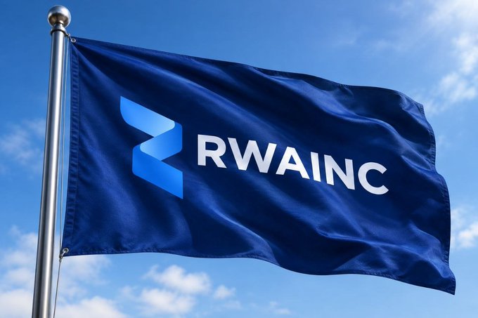 A dark blue flag waves against a cloudy blue sky, displaying a light blue logo and the text 'RWAINC'.