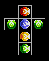 Pixel art of several colored gemstones arranged in a cross pattern against a black background.