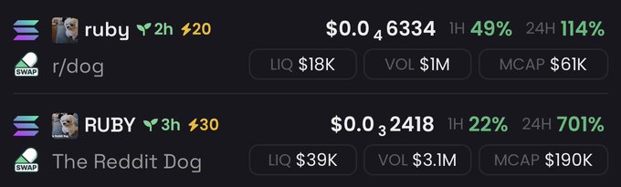 The image shows two cryptocurrency token listings on a trading platform: "ruby" with ticker $0.06334 (1H +49%, 24H +114%, MCAP $61K) and "RUBY" described as "The Reddit Dog" priced at $0.32418 (1H +22%, 24H +701%, MCAP $190K). Both display pump-style metrics that underscore the poster's warning about prioritizing the original "ruby" ticker over the copycat "RUBY" token, supporting their stance on backing the first mover.
