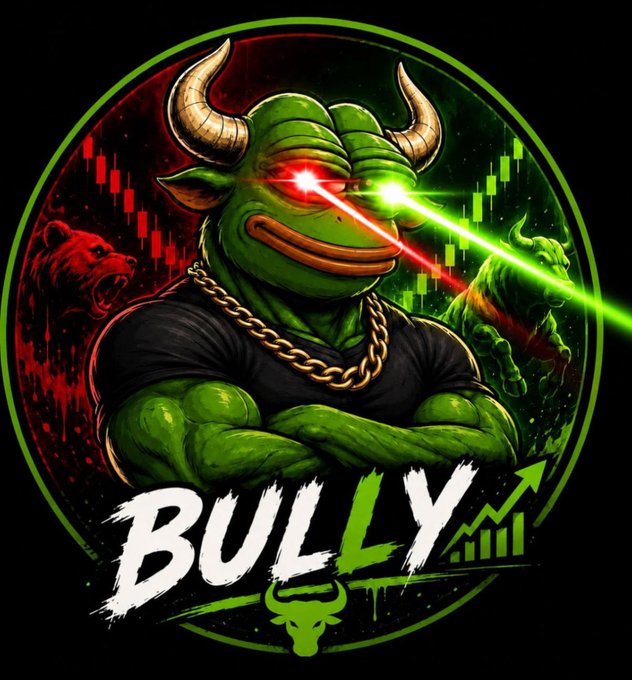 The image shows a fierce green bull mascot with glowing red and green laser eyes, wearing a gold chain and black shirt, set against a backdrop of candlestick charts and bearish/bullish bear and bull silhouettes, with the bold text "BULLY" displayed prominently. The aggressive, market-savvy imagery of a weaponized bull aligns with the post's message about BULLY being a dominant force rather than a trend follower, visually reinforcing the token's Solana-based meme branding and community-driven ethos.
