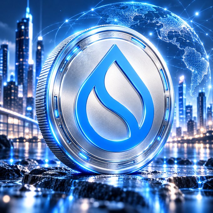 A digital artwork showing a large silver coin with a blue water-drop logo against a futuristic city skyline and glowing globe.