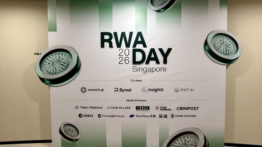 A promotional banner for 'RWA DAY 2026 Singapore' event features logos of co-hosts Mantle, Byreal, InsightX, PWT.AI and media partners including Token Relations, Four Pillars, TBA, Coin Gabbar, CoinPost, Odaily, Foresight News, TechFlow, and Chain Catcher.