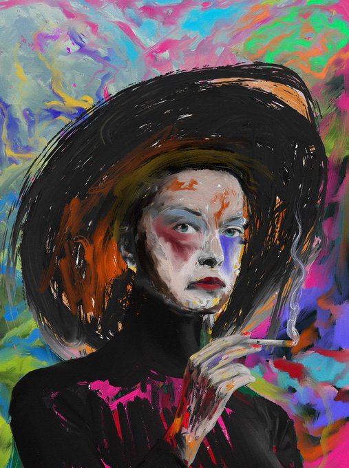 A vibrant, expressionist painting of a woman with red lips wearing a large black hat, holding a cigarette against a swirling, colorful background.