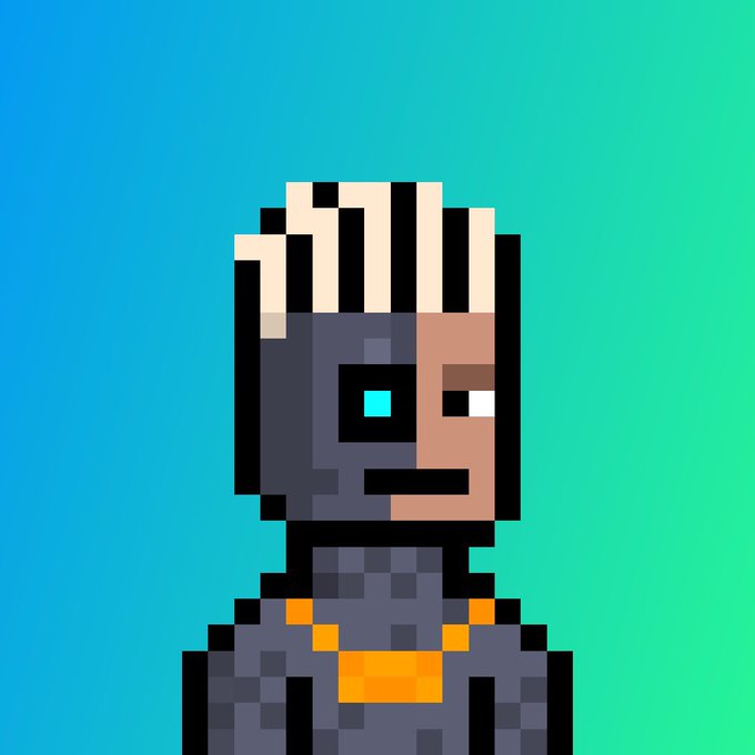 A pixel art character portrait featuring a figure with half-metallic/half-flesh face, white comb-like hair, and orange chest accent against a teal gradient background.