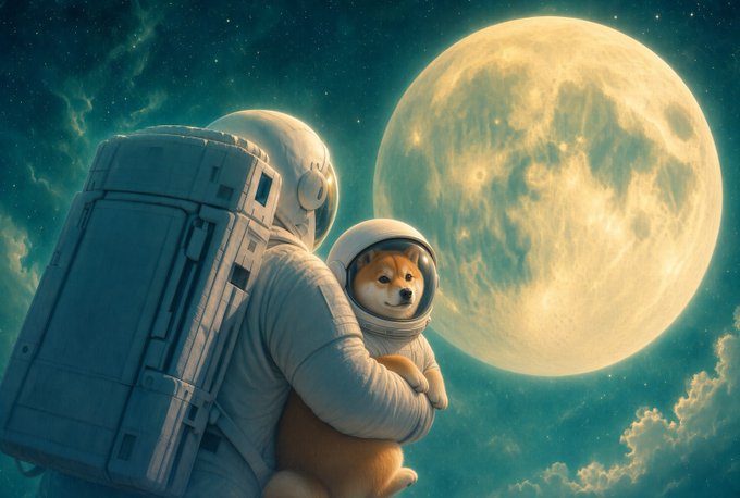 A digital illustration of an astronaut holding a Shiba Inu dog in space suits against a backdrop of a large glowing moon and starry sky.