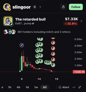 A screenshot from Slingoor shows "The retarded bull" (EeB7...pump) with a $7.33K market cap, down 22.8%, and a chart depicting a brief two-day price spike followed by a sharp decline to its current floor of 7328.19. The image illustrates the poster's warning that the token briefly pumped before rapidly losing nearly all its value, reinforcing the caption's advice to avoid the scam.