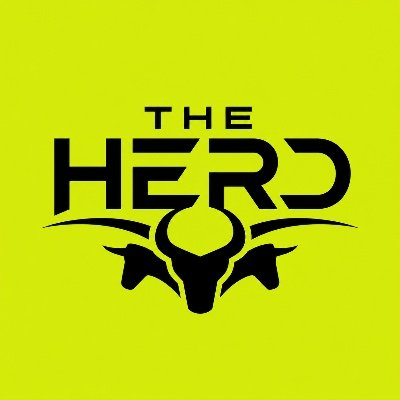 A black logo for 'THE HERD' featuring a stylized bull or cow head design on a bright yellow-green background.
