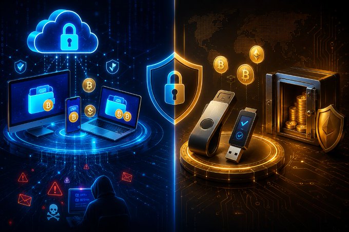 A digital illustration depicting cybersecurity concepts, showing cloud servers, laptops, and phones on the left side (blue) protected by a shield, contrasted with USB drives, a hardware wallet, and a safe on the right side (orange).