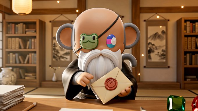 3D-rendered character with an eyepatch, frog accessory, and white beard holding a wax-sealed envelope in a traditional Japanese-style room.