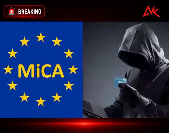A news graphic with a "BREAKING" banner showing the EU MiCA flag on the left and a hooded figure holding a credit card on the right.