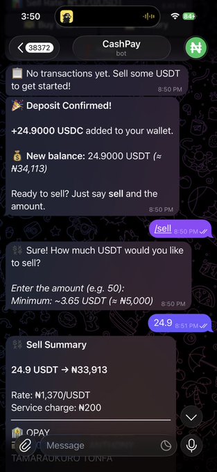 A smartphone screenshot of a Telegram bot chat for CasPay, showing a successful transaction summary selling 24.9 USDT for ₦33,913 at a rate of ₦1,370/USDT.