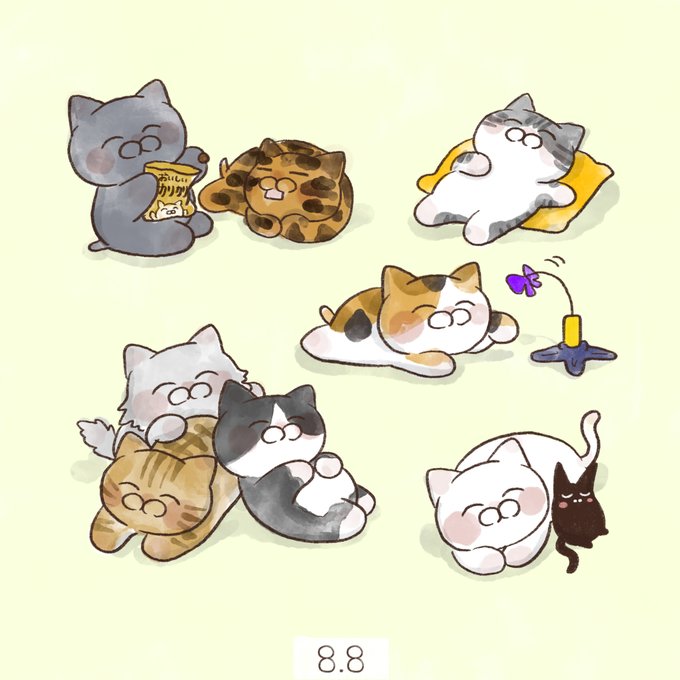 A whimsical illustration features various chubby cartoon cats lounging, playing with toys, and snacking on treats, with the date "8:8" displayed at the bottom to mark International Cat Day. The charming feline artwork aligns perfectly with the post's celebration of International Cat Day and the $CAT5 cryptocurrency promotion.