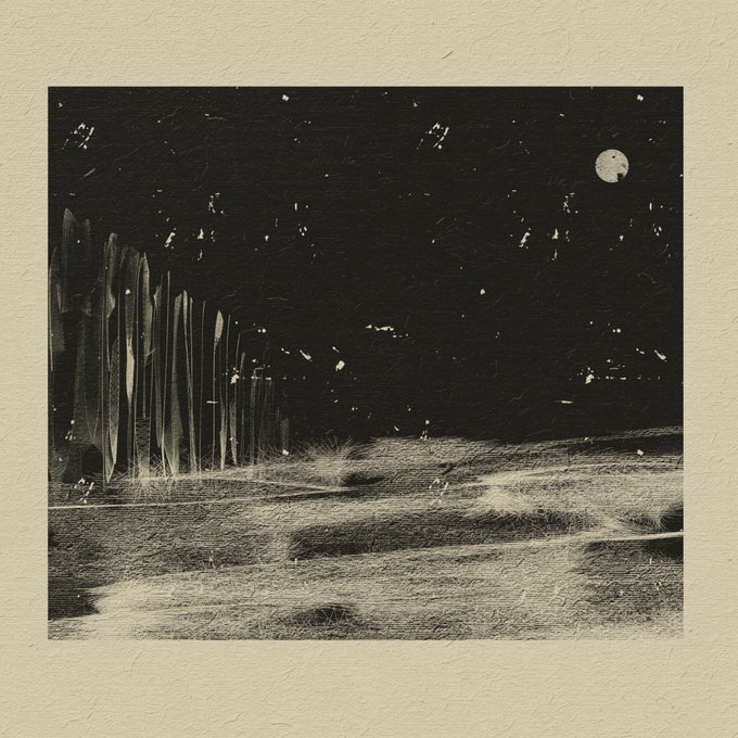 A monochromatic illustration depicts a dreamlike night landscape with tall, vertical rock formations on the left, sandy terrain in the foreground, and a moon with scattered stars in the dark sky.
