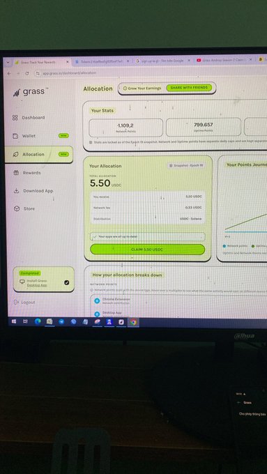 A computer monitor displaying the Grass.io network dashboard, showing a 'Snapshot: Epoch 41' allocation page with total points of 1,109.2 and 799,037 points earned.