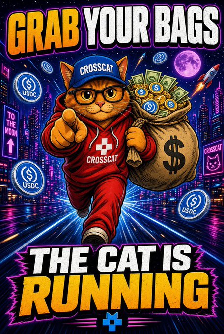 A colorful promotional graphic featuring an orange cat character wearing a red 'CROSSCAT' hoodie holding a money bag, with text 'GRAB YOUR BAGS' and 'THE CAT IS RUNNING' alongside USDC crypto coin imagery.