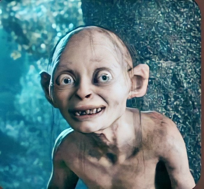The image features a cartoon character with large ears, a small head, and teeth missing, giving him a unique appearance reminiscent of a character from the film "Gollum" by David Fincher. The character appears to be standing against a wall or tree trunk, which adds to his distinct look. The post seems to be discussing this character's resemblance to Gollum from the movie, and it also mentions that the character is larping.