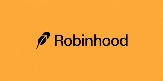 The Robinhood logo displayed on an orange background, featuring the black feather/quill icon next to the 'Robinhood' wordmark.